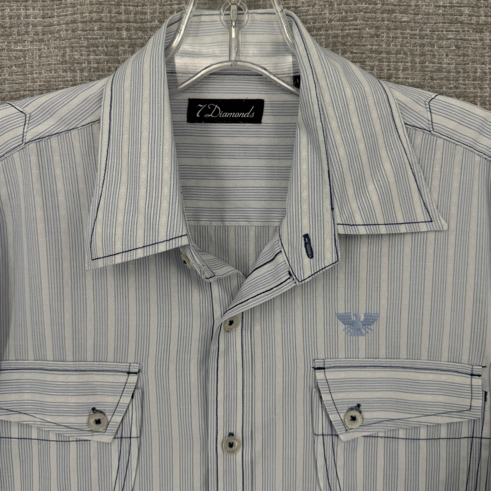 7 Diamonds Button Up Shirt Mens Large Blue Stripe Long Sleeve Western Vintage